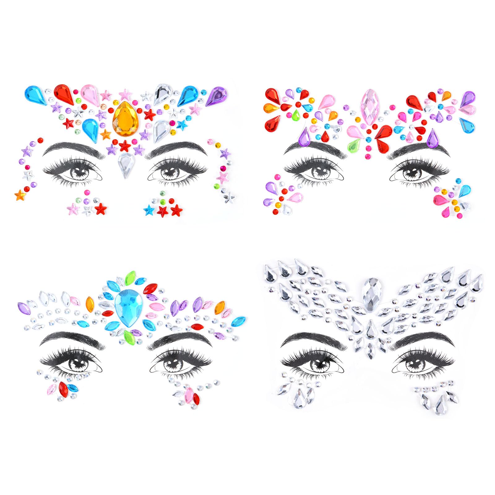 URAQT Edelsteine Temporäre Tattoos, 4 Sets Glitzersteine Selbstklebend, Crystal Edelstein zum Aufkleben, Gesicht Strasssteinefür Gesicht Fingernagel Dekorationen Musikkarneval, Party(A)