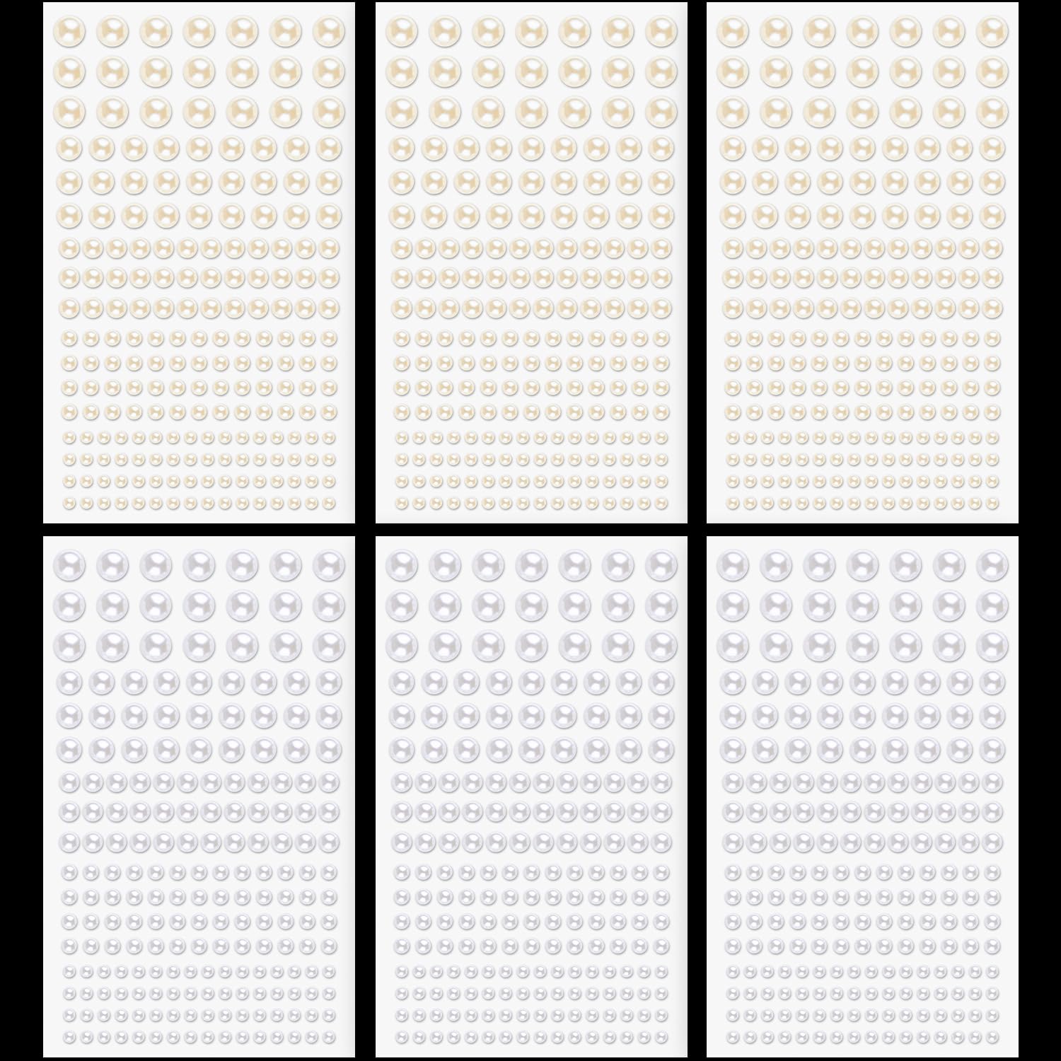 1182 Pcs Pearl Stickers for Hair Face Craft, 3/4/5/6/8mm White+Beige Pearls Self Adhesive Face Gems, Stick on Body Gems for Eye Nails Make up and DIY