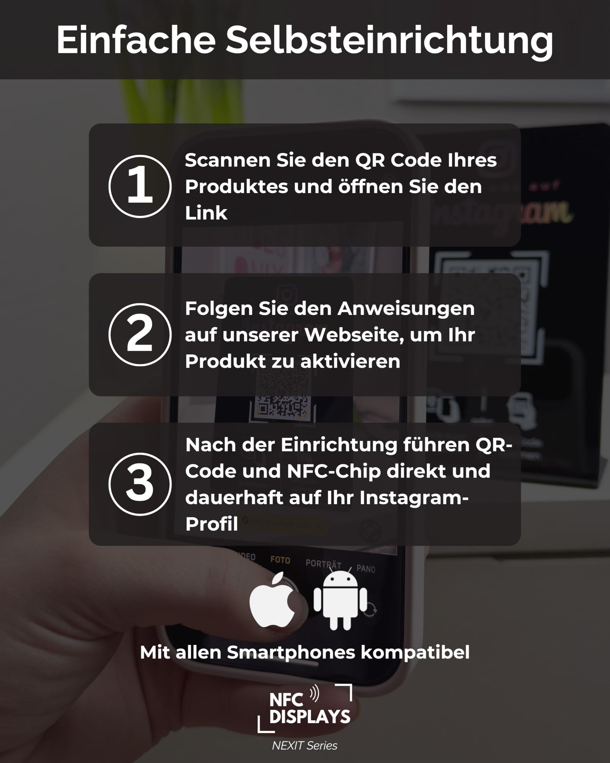 Aufsteller für Instagram mit QR-Code und NFC-Chip (Englisch) 16,5 x 10,5cm - schwarz