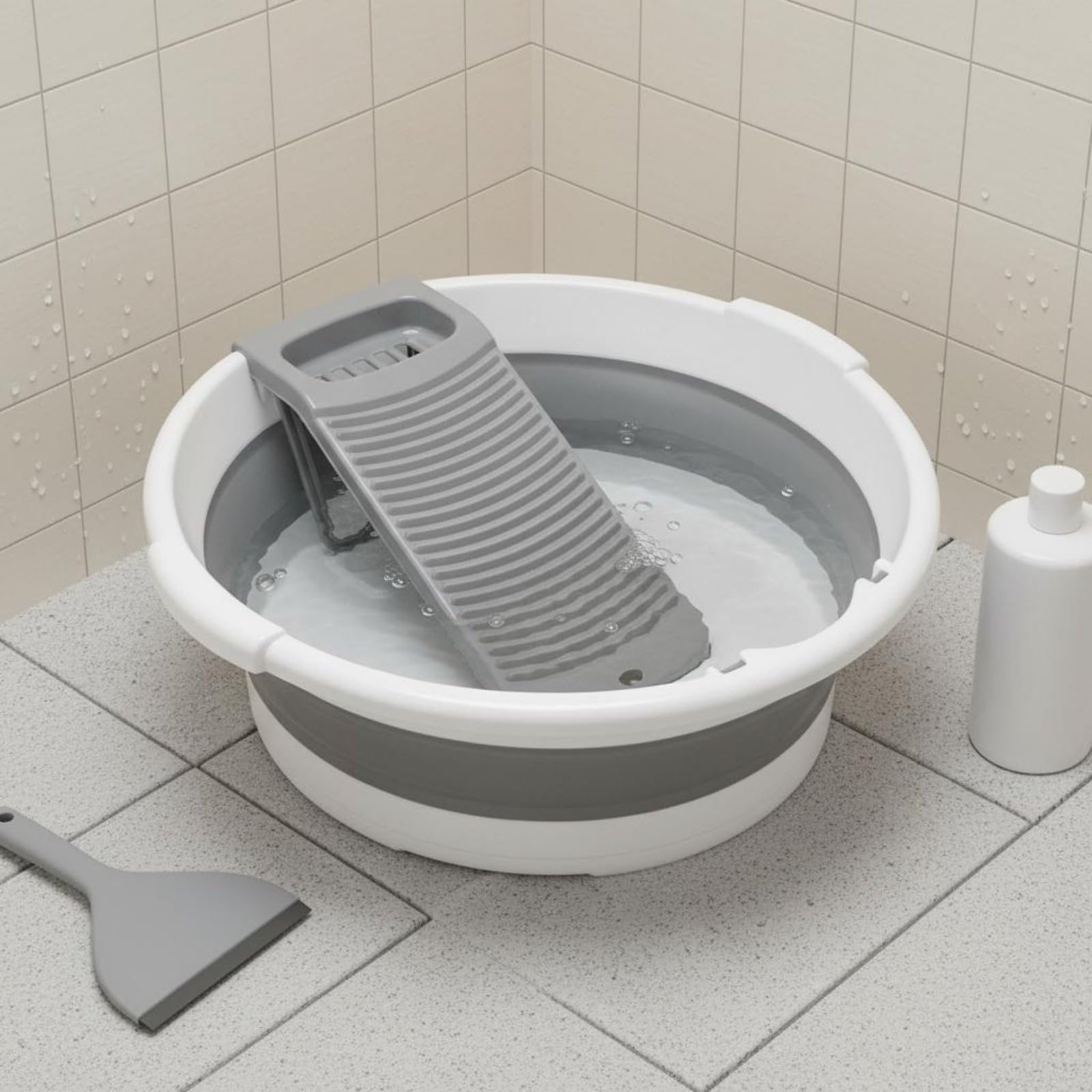 Lavabo Pieghevole con Asse Lavapanni Bacinella Portatile Catino Richiudibile Vasca per Lavatrice Manuale Materiale PP con Tappo di Scarico Sapone, Grigio, 8064 Auto Drain