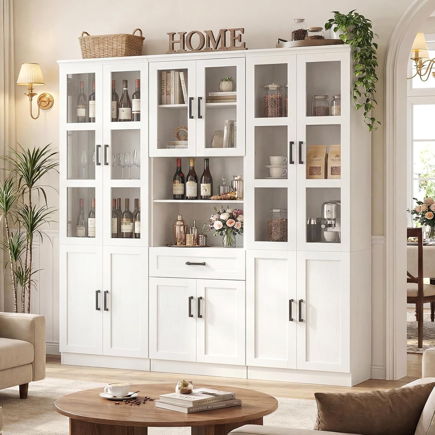 Unikito 79.7" Tall Kitchen Pantry Storage Cabinet, Freestanding Kitchen Hutch Cabinet with Tempered Glass Door, Adjustable Shelves and Drawer, Large Display Bookcase for Living Room Dining Room, White