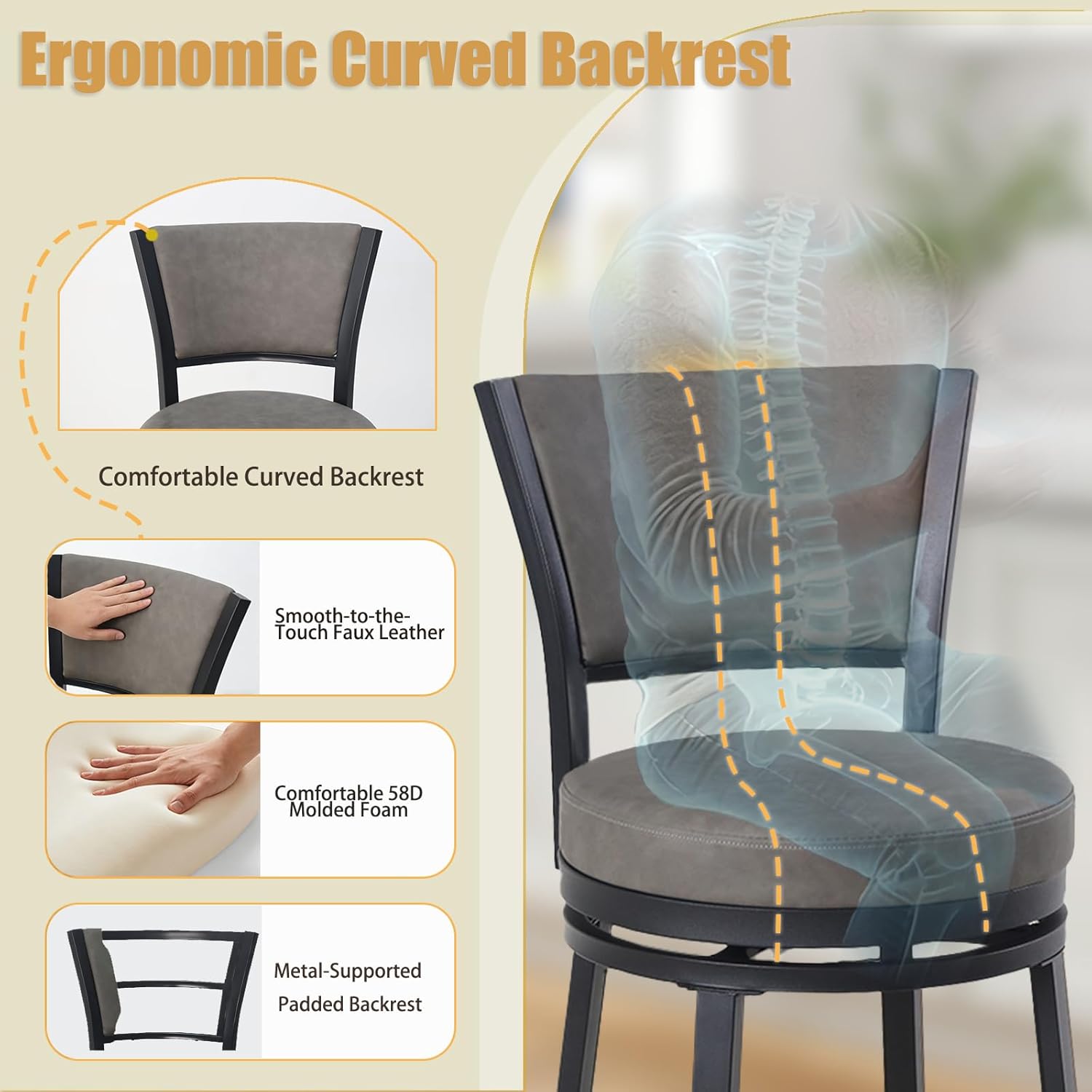 Counter Height Bar Stools Set of 2, 25 Inch Metal Swivel Barstools with Backrest, Modern Faux Leather Upholstered Bar Chairs, Counter Height Stools for Kitchen Island, Grey