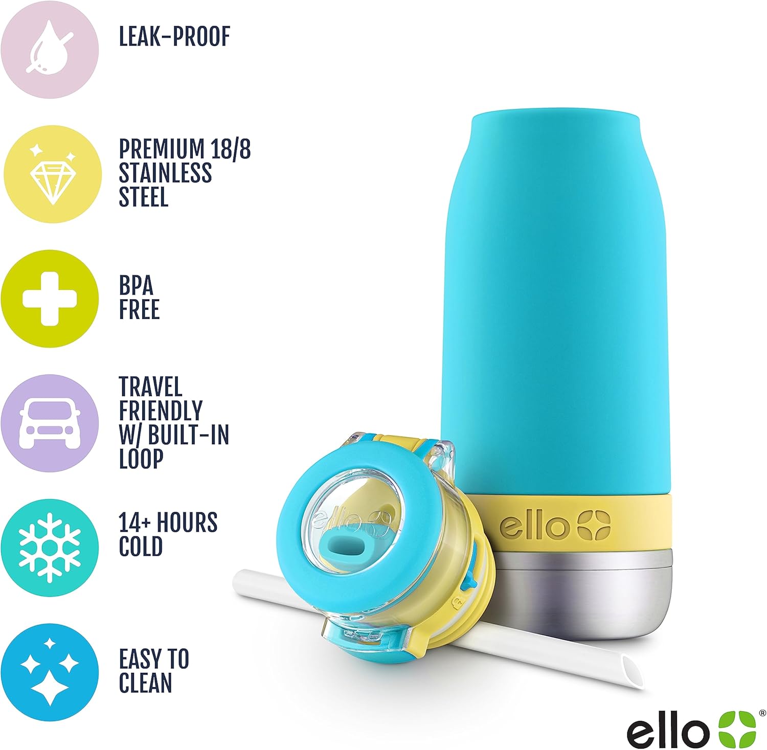 Ello Emma 14oz Vacuum Insulated Stainless Steel Kids Water Bottle with Straw and Built-in Carrying Handle and Leak-Proof Locking Lid for School Backpack, Lunchbox and Outdoor Sports - Image 3