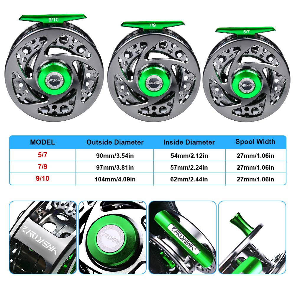 Fly Fishing Reel Fly Reels - Large Arbor CNC-Machined Aluminum Alloy Body Light Weight 5/7, 7/9, 9/10 wt (Black, Green, Silver/Blue, Gray-Green, Silver-Blue,Gunmetal,Ice Blue,Sapphire Blue)