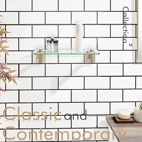 Miniatura 11 de KOKOSIRI Estantes de pared para baño, estante flotante de vidrio de 12 pulgadas para dormitorio, sala de estar, cocina, estante colgante bronce
