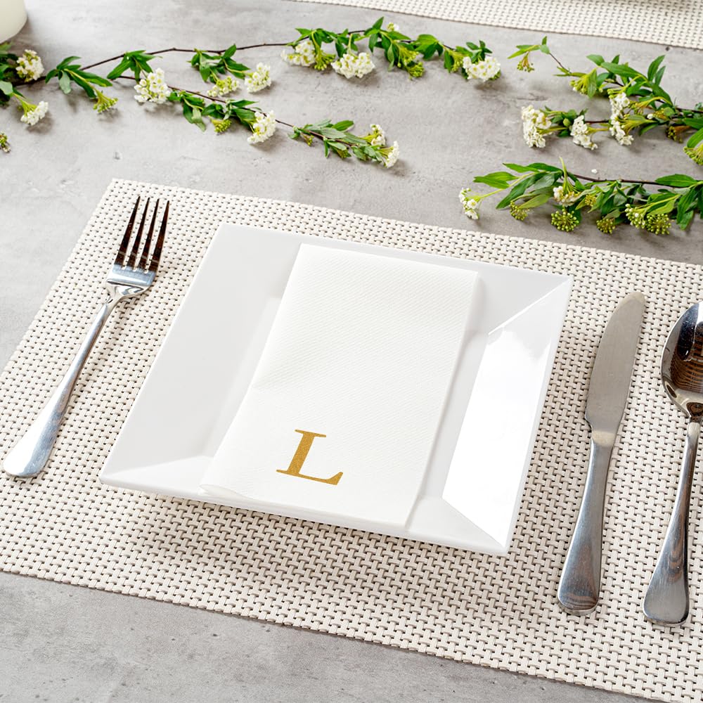 Luxenap - Toallas de invitados de 15.8 x 7.9 pulgadas, 50 toallas de mano con letras doradas, letra "L", letra Sans Serif, servilletas de papel blanco, airlaid, para baños y mesas