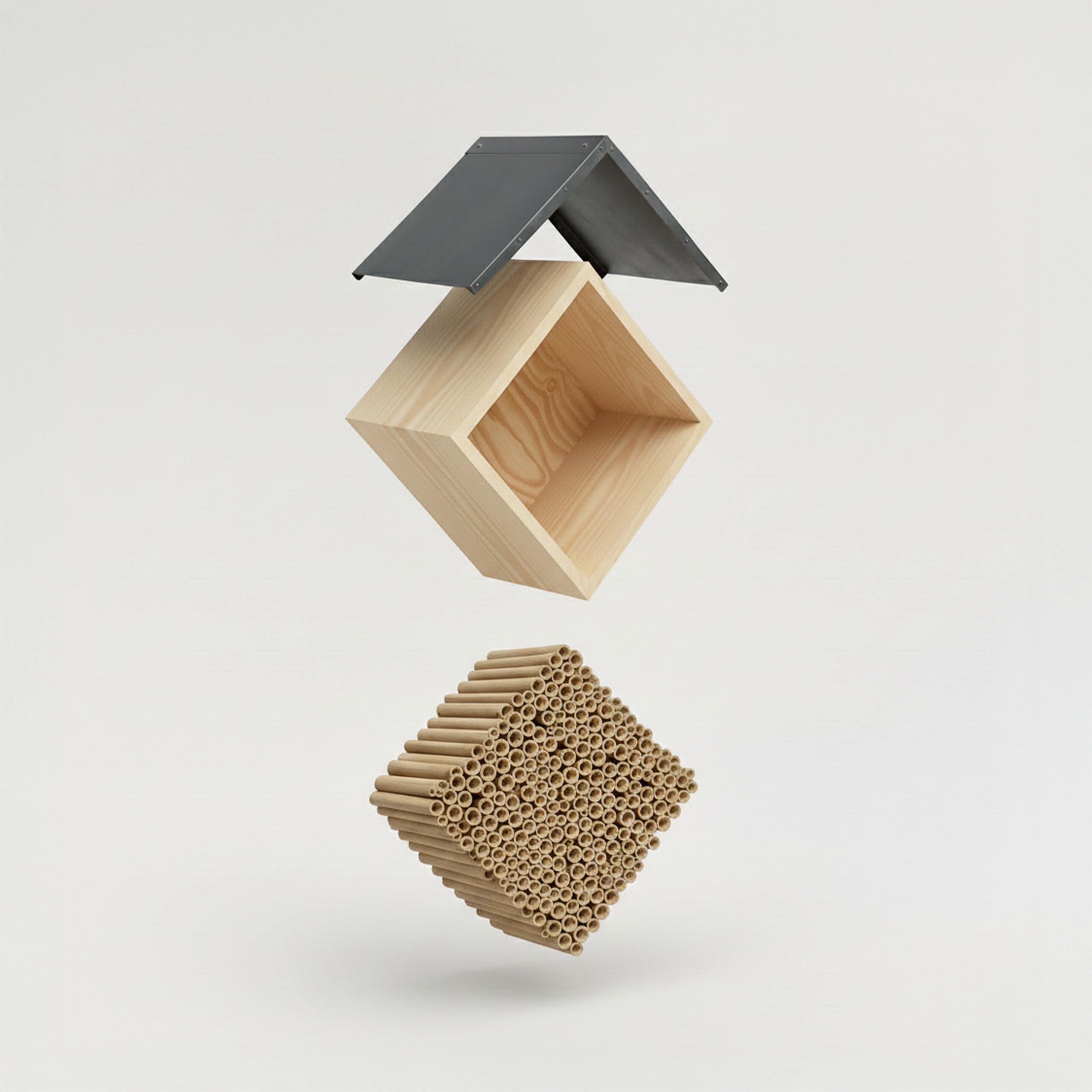 Relaxdays Hotel per api in Legno con Tetto zincato, Tubi di bambù, da Appendere, Naturale/Argento, 31.5x31.5x20 cm