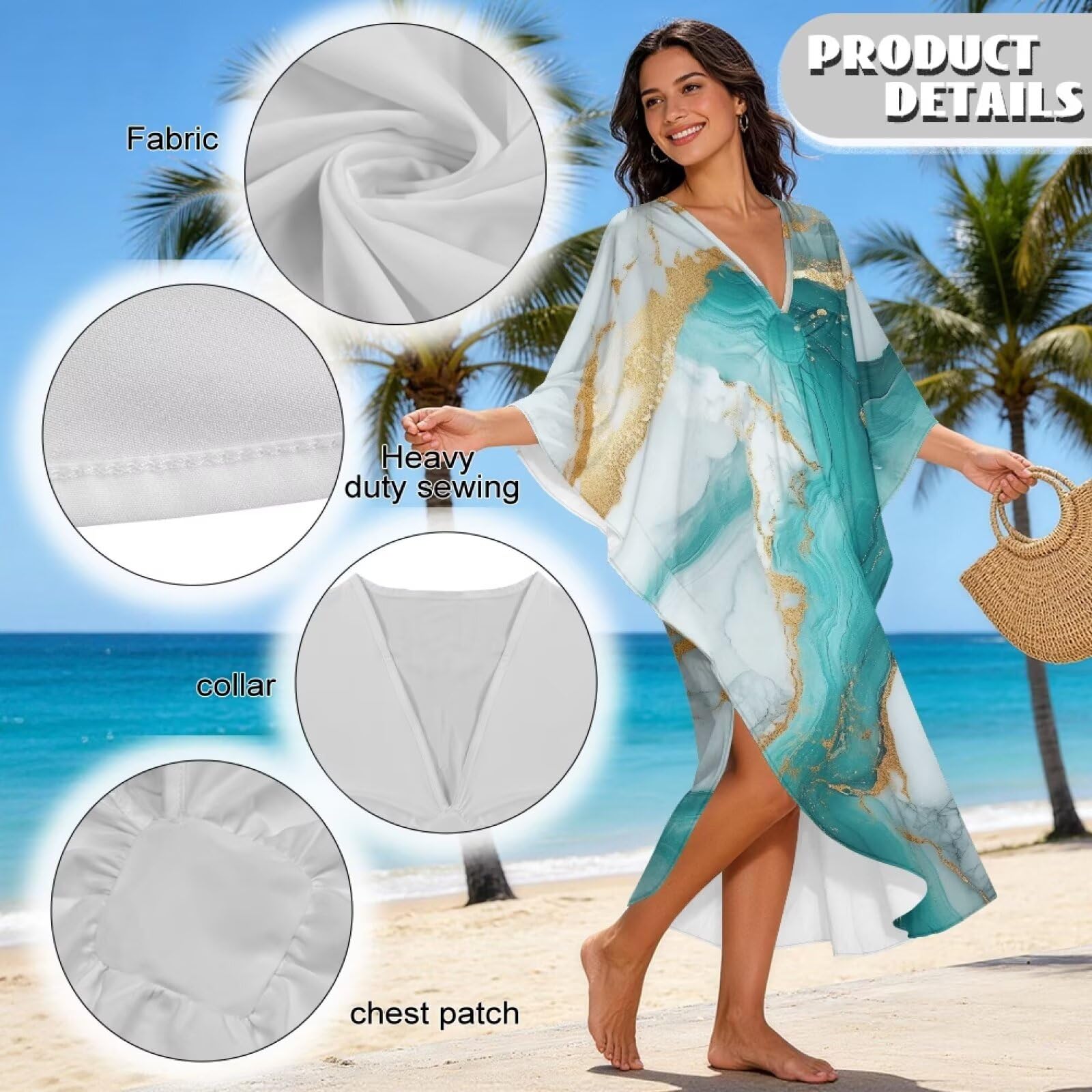 Xoenoiee Damska sukienka plażowa typu kaftan plus size dekolt w serek rękaw nietoperz strój kąpielowy okrycie zwiewna sukienka kaftan