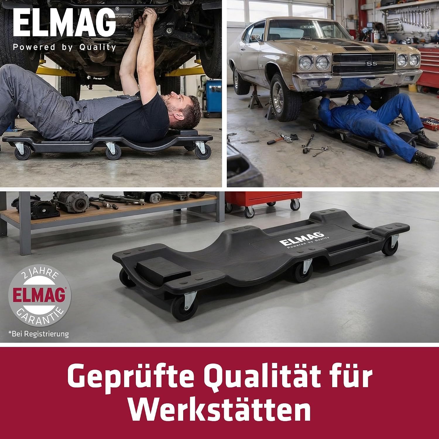 ELMAG Rollbrett Werkstatt 104 x 49 x 9 cm – Rollbrett als Montagerollbrett mit ergonomischem Design, gepolsterter Kopfstütze und Rollen – Werkstattliege mit Werkzeugablage – Bis 150 kg belastbar