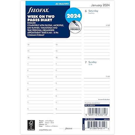 Filofax personal 2024 week-over-two-pages column format