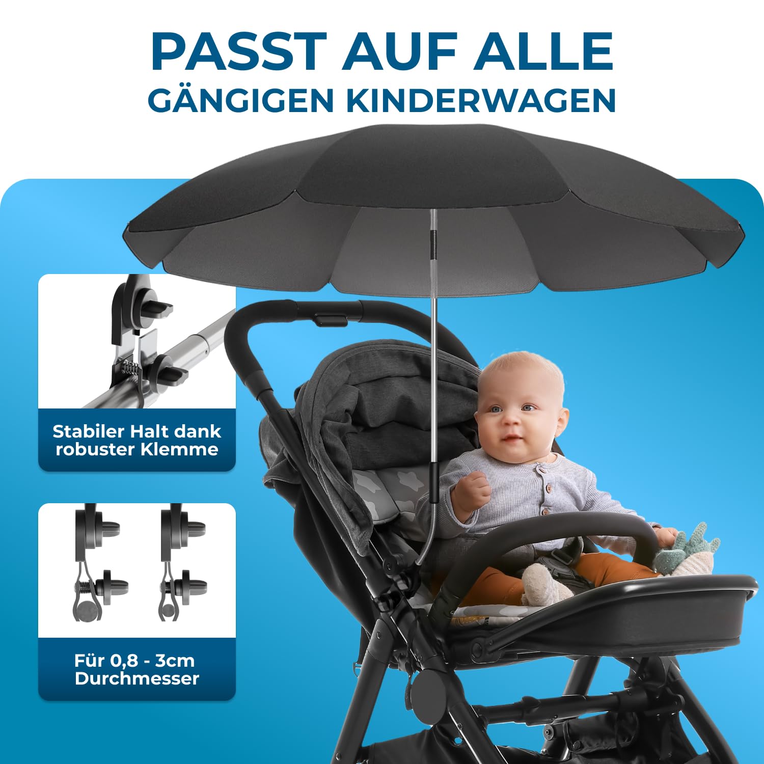 STYNGARD Sonnenschirm Kinderwagen UV Schutz 50+ / 70 cm Durchmesser mit Überhang - Sonnenschutz Kinderwagen - Sonnenschutz Buggy mit flexibler Universalhalterung Modell ROME