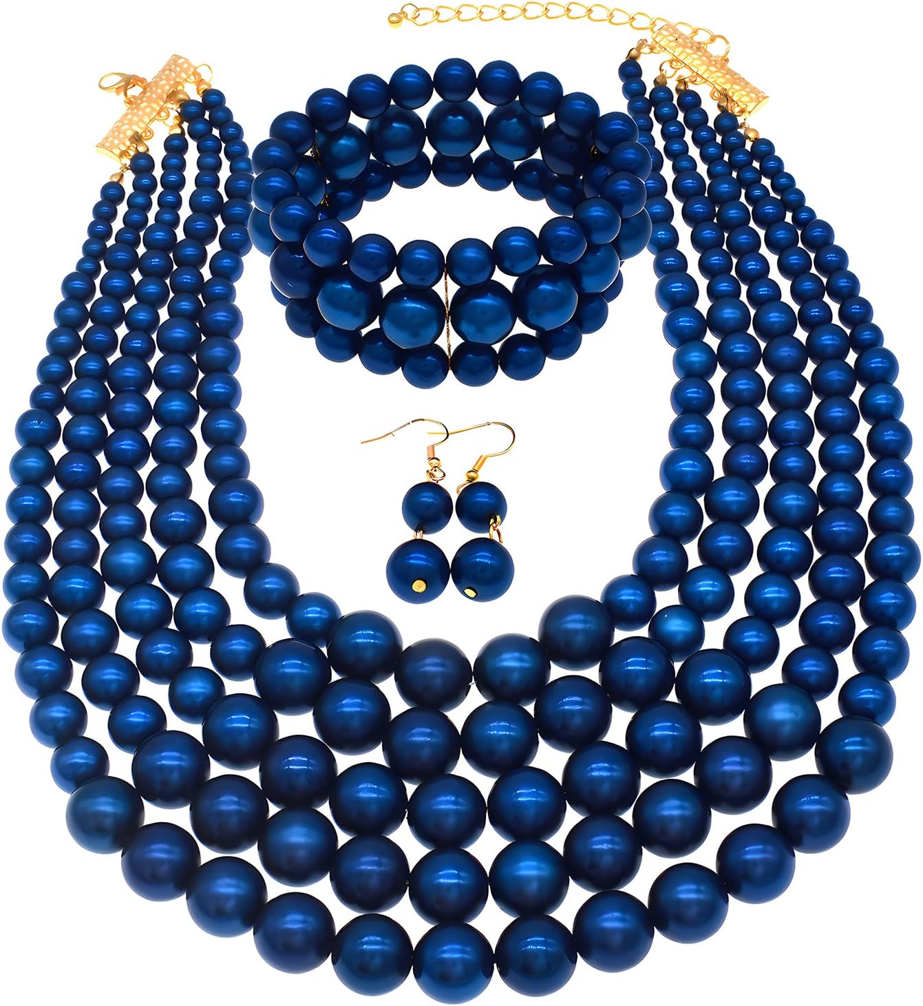 JNF Large Faux Pearl Necklaces for Women Multi strand Pearl Necklace Bracelet and Earrings Set Costume Pearls Necklace Jewelry Ladies