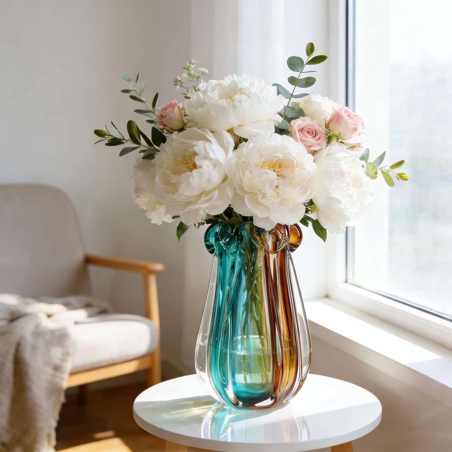 Hand Blown Glass Vase, Murano-Style Colorful Art Glass Centerpiece, Heavy Large Wide Mouth Ruffle Rim, Teal Turquoise and Amber, and Wedding Decorations Living Room Decor (10.63in)