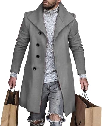 Mens Plaid Trench Coat Lapel Slim Fit Single Breasted Wool Blend Pea Coat Casual Winter Mid Long Jacket Overcoat