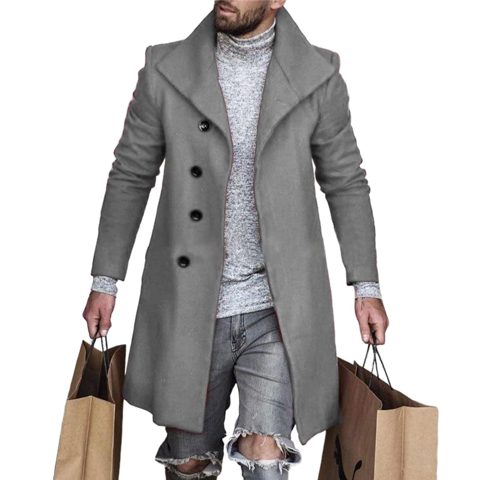 Mens Gray Trench Coat Slim Fit Lapel Collar Mid Long Peacoat Pea Coats Lapel Collar Button Warmth Winter