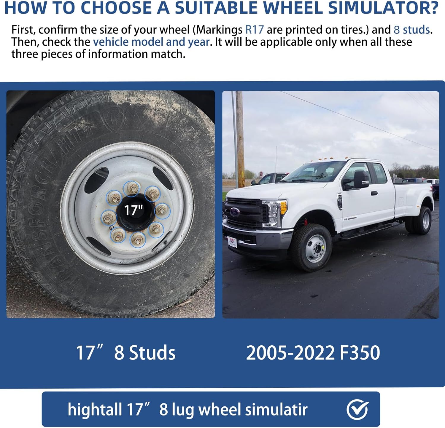 hightall 17 Wheel Simulators, 17" 8 Lug 4 Hand Holes Stainless Steel Hubcaps,Polished Surface,2Pcs Front Wheel/2Pcs Rear Wheel,Bolts On Wheel Cover Set Compatible with Ford 2005-2025 F350 Truck