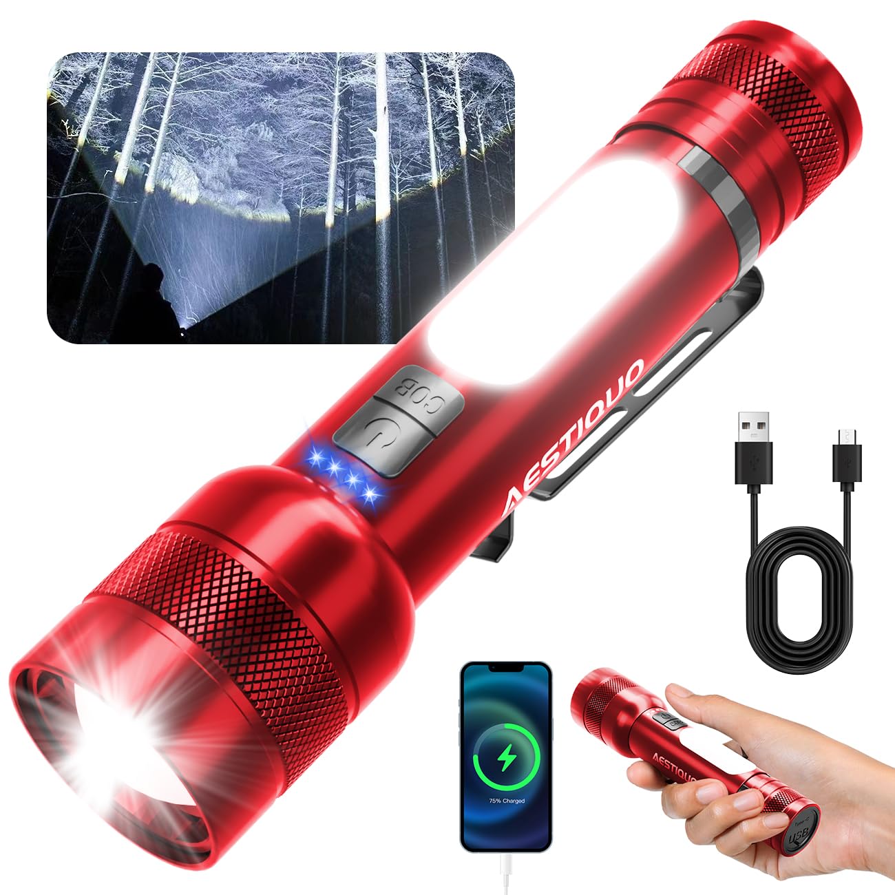 Amazon.co.jp: AESTIQUO 超高輝度 懐中電灯 小型 COB作業灯付き 9