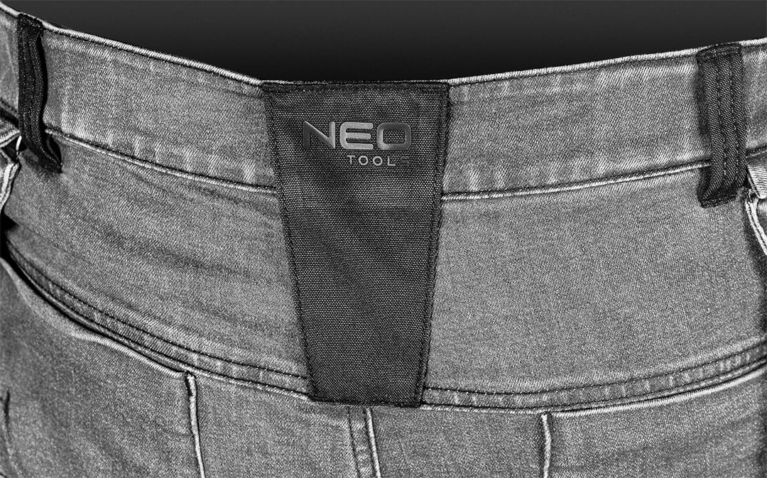 NEO TOOLS Robuste Jeans Arbeitshose, Strapazierfähige Bundhose für Herren | Aus Denim, 400 g/m² mit Kniepolstertaschen, Cordura-Verstärkungen & Stretch-Anteil