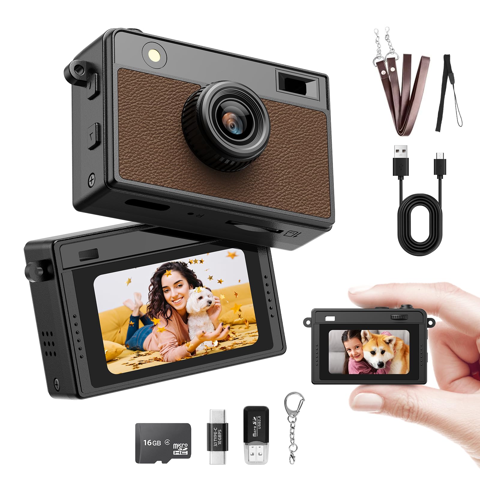 Mini Digital Camera, Keychain Camera 4K with 12MP Lens, Flash, Video Recording, 16G Card Included, Brown-image-49