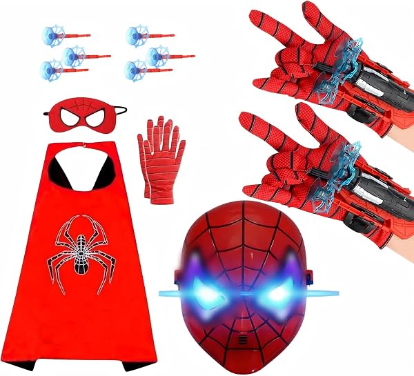 Disfraz de superhéroe para niños, con máscara LED, capa y lanzador de telarañas