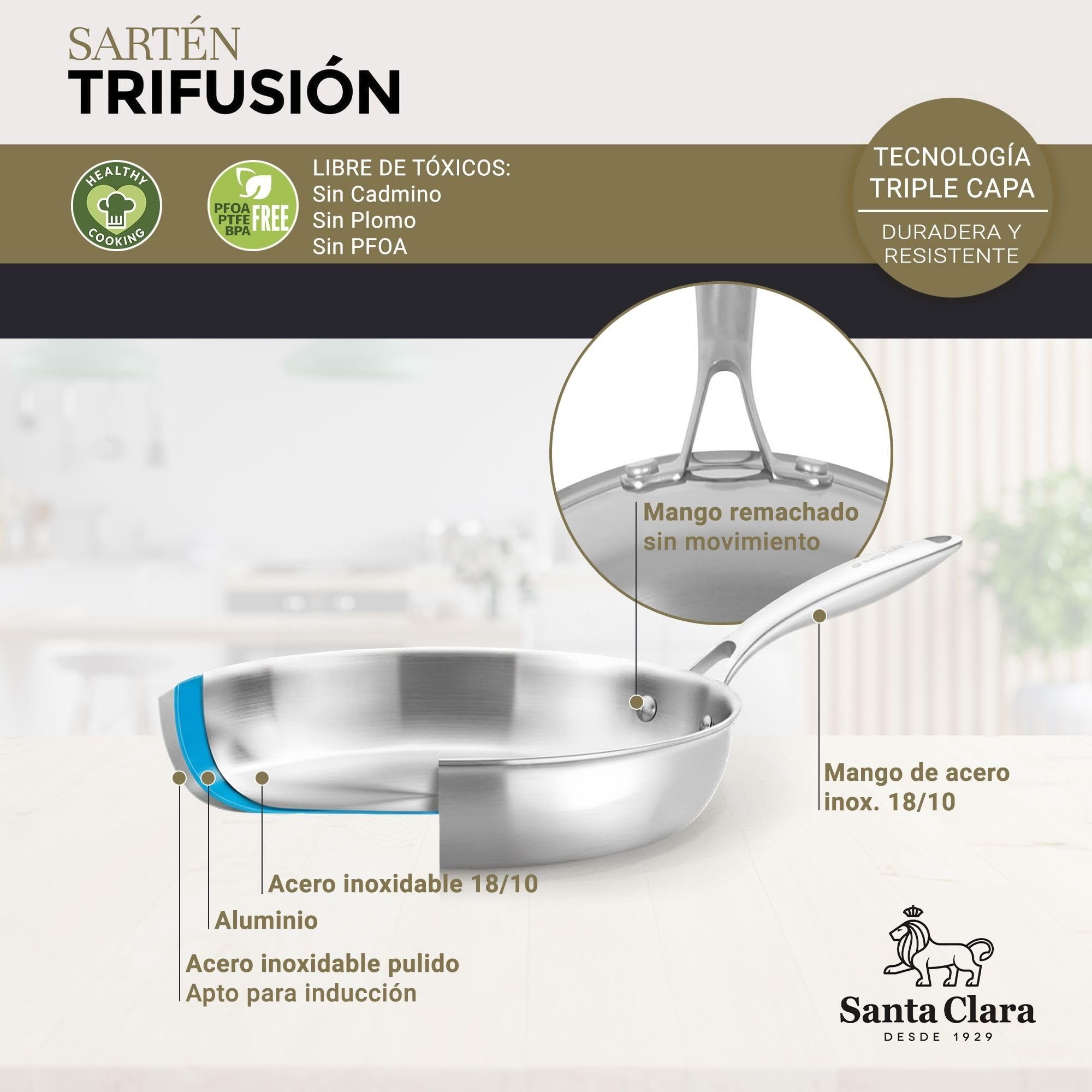 Santa Clara | Juego de Sartenes Acero Inoxidable 18/10 Trifusión 20-26-30 cm, Set de 3 Piezas Sin Revestimiento, Apta para Inducción, Horno, Gas y Vitro, Cocina Saludable y Libre de Tóxicos