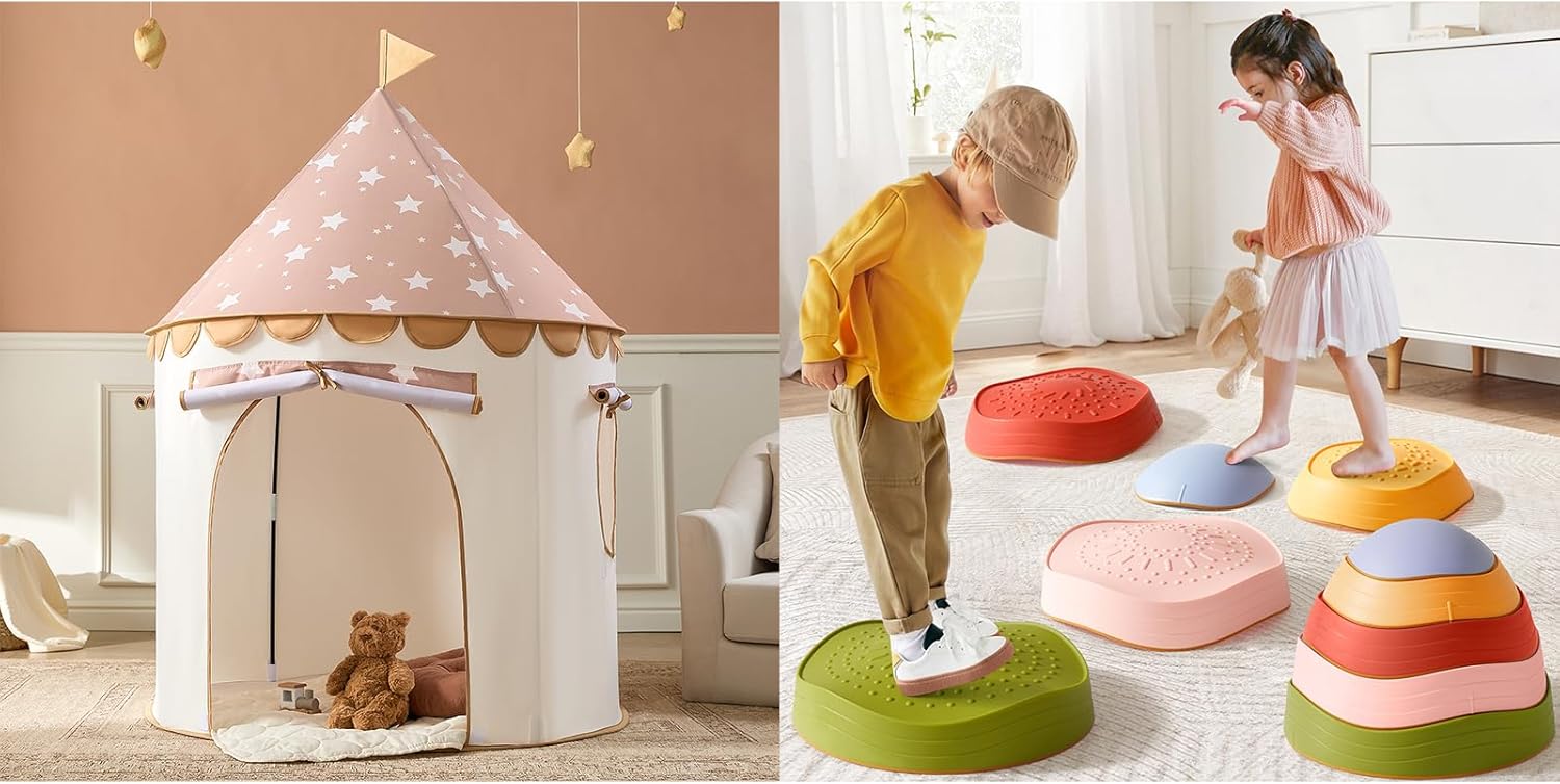 Tiny Land Stepping Stone, 5pcs Non-Slip Toddler, Kids Play Tent – Khaki Castle Pop Up Tent for Kids Indoor