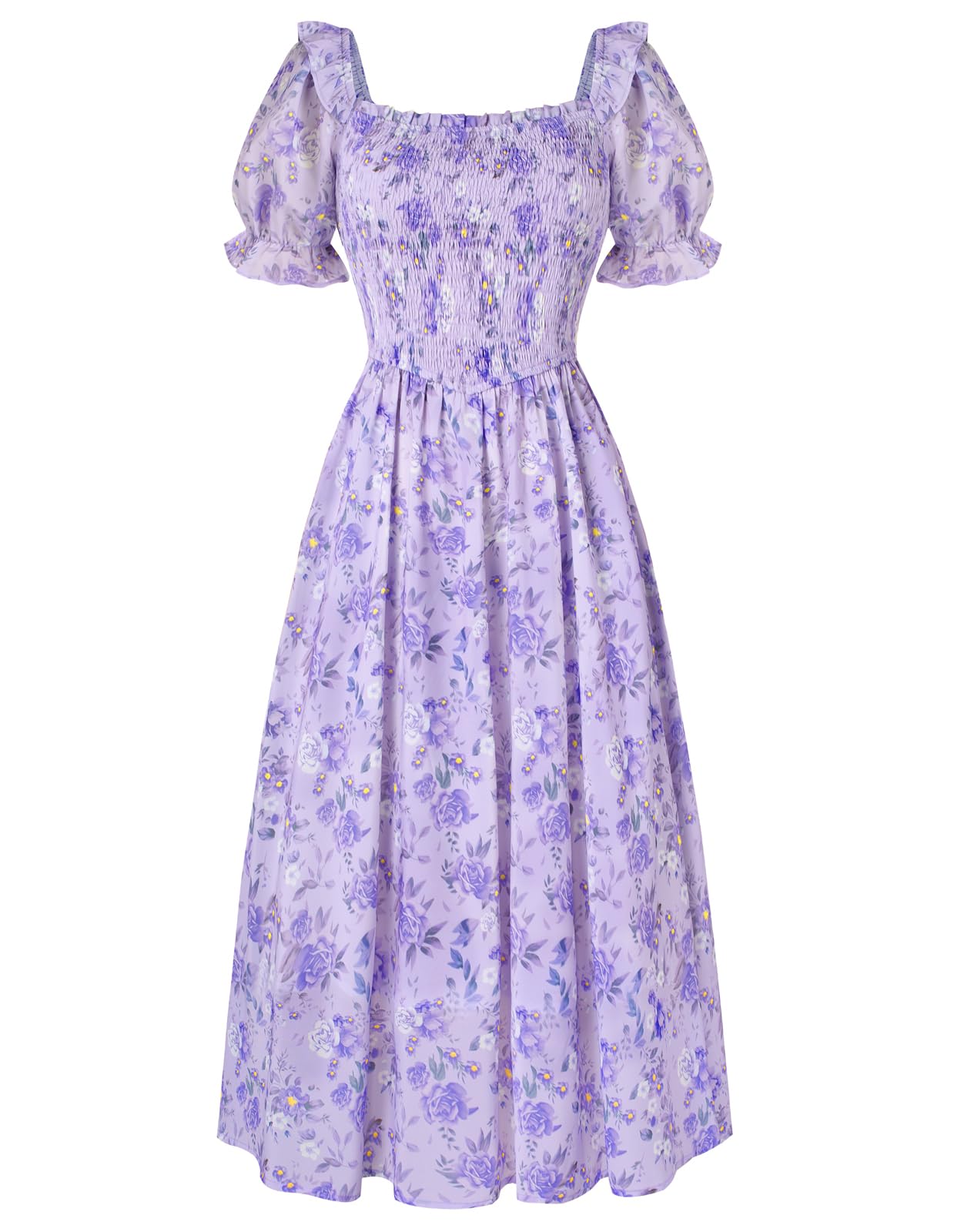 Scarlet Darkness Floral Dress for Women Summer Puff Sleeve Square Neck A Line Flowy Wedding Guest Tea Party Dresses