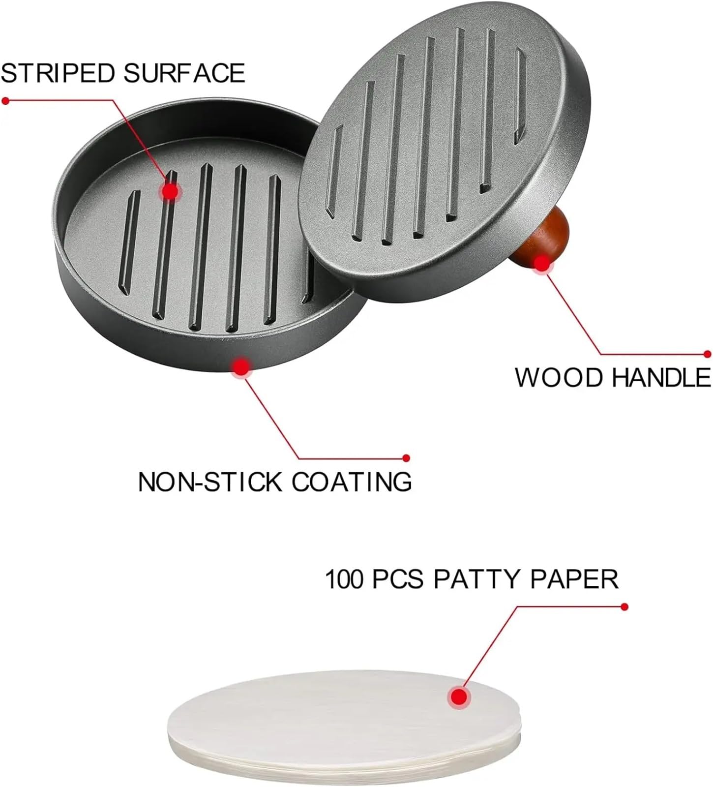Hamburger-Patty-Maker, Burgerpresse Patty Maker Edelstahl Hamburgerform Holzgriff antihaftbeschichtet mit 100 Papieren