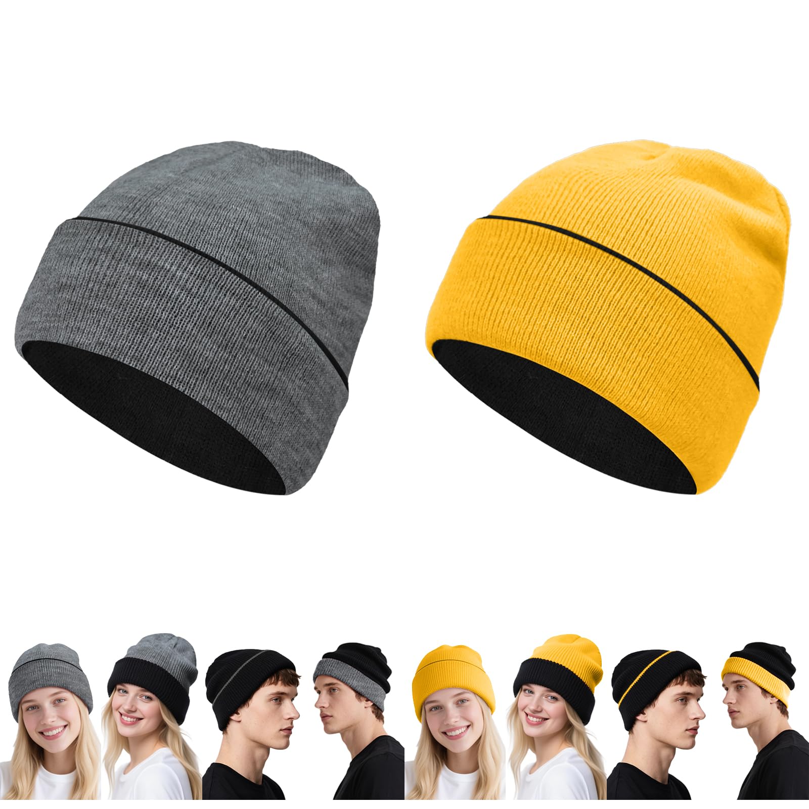 ZOORON 1 2 Pack Unisex Reversible Knitted Beanie Hat for Men Women Warm Winter Striped Beanies Double-Side Beanie