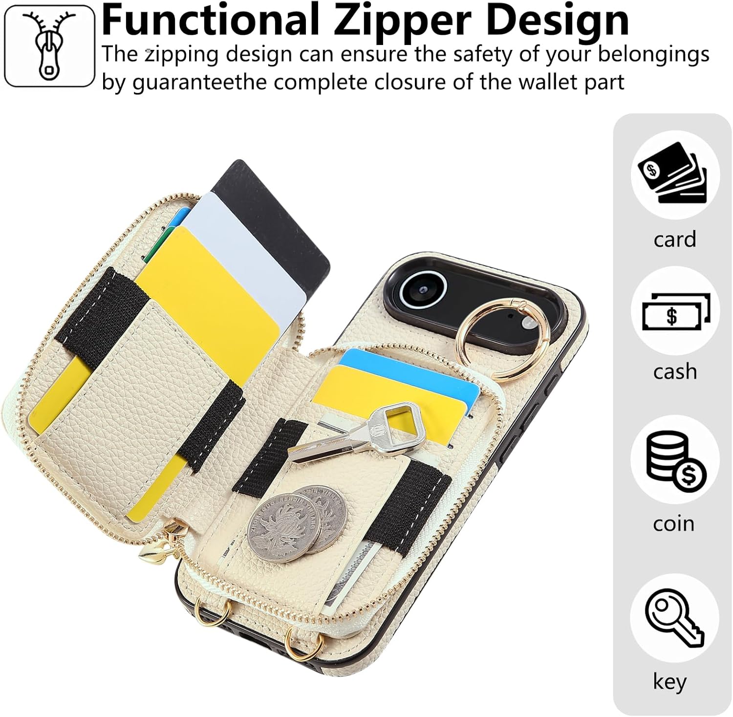 Asuwish Phone Case for iPhone 17 Air 6.6 inch 2025 Zipper Wallet Cell Cover with Tempered Glass Screen Protector Ring Credit Card Holder Slot Crossbody Strap Lanyard i Phone17 i17 17Air Women Beige