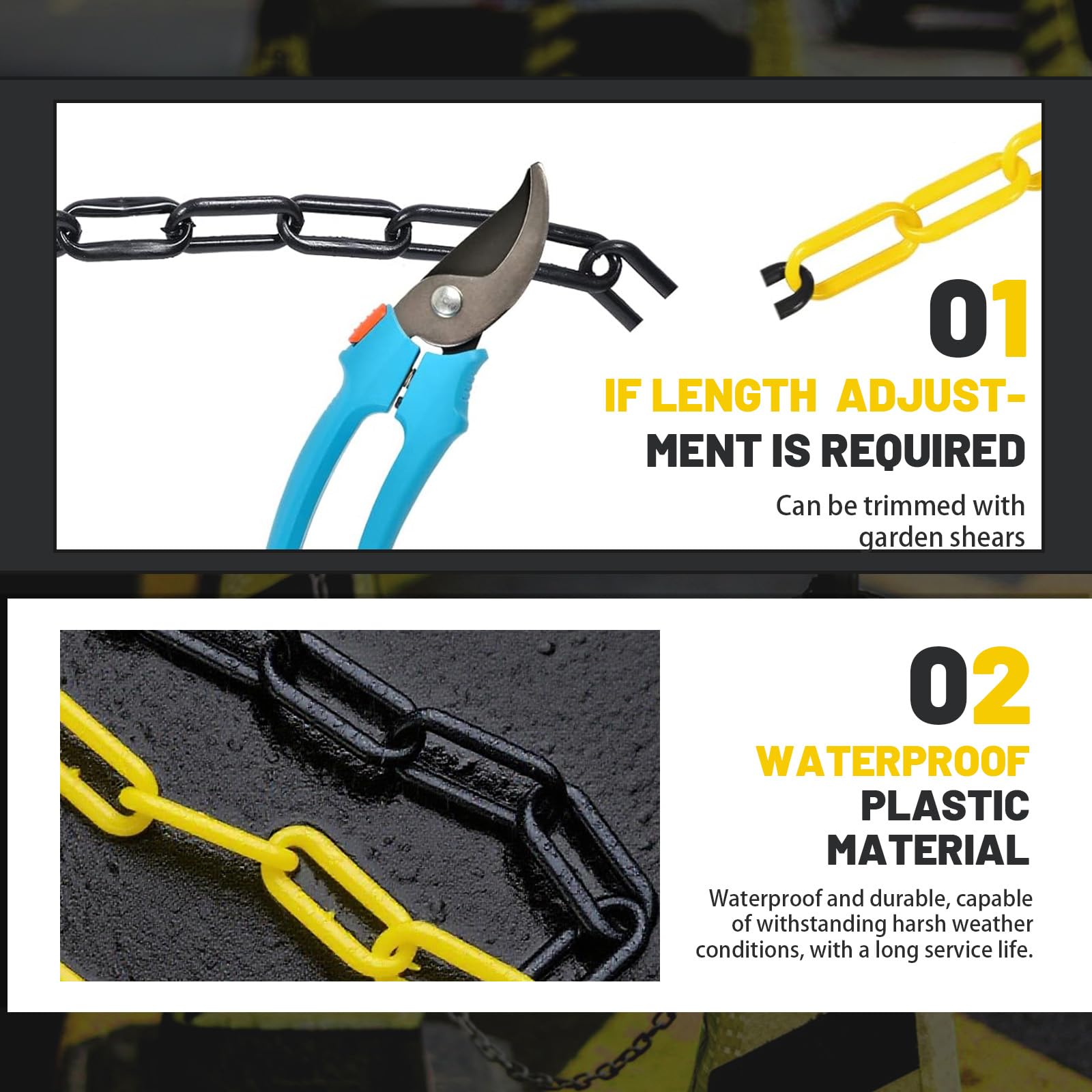 Erzekrim Absperrkette Warnkette Plastikkette Gelb Schwarz Kunststoff Kette 6mm Stärke Absperrkette Kunststoff mit 4 Karabinern für Baustelle,Parkplatz,Warteschlangen,Kunststoffkette (25M,Schwarz Gelb)
