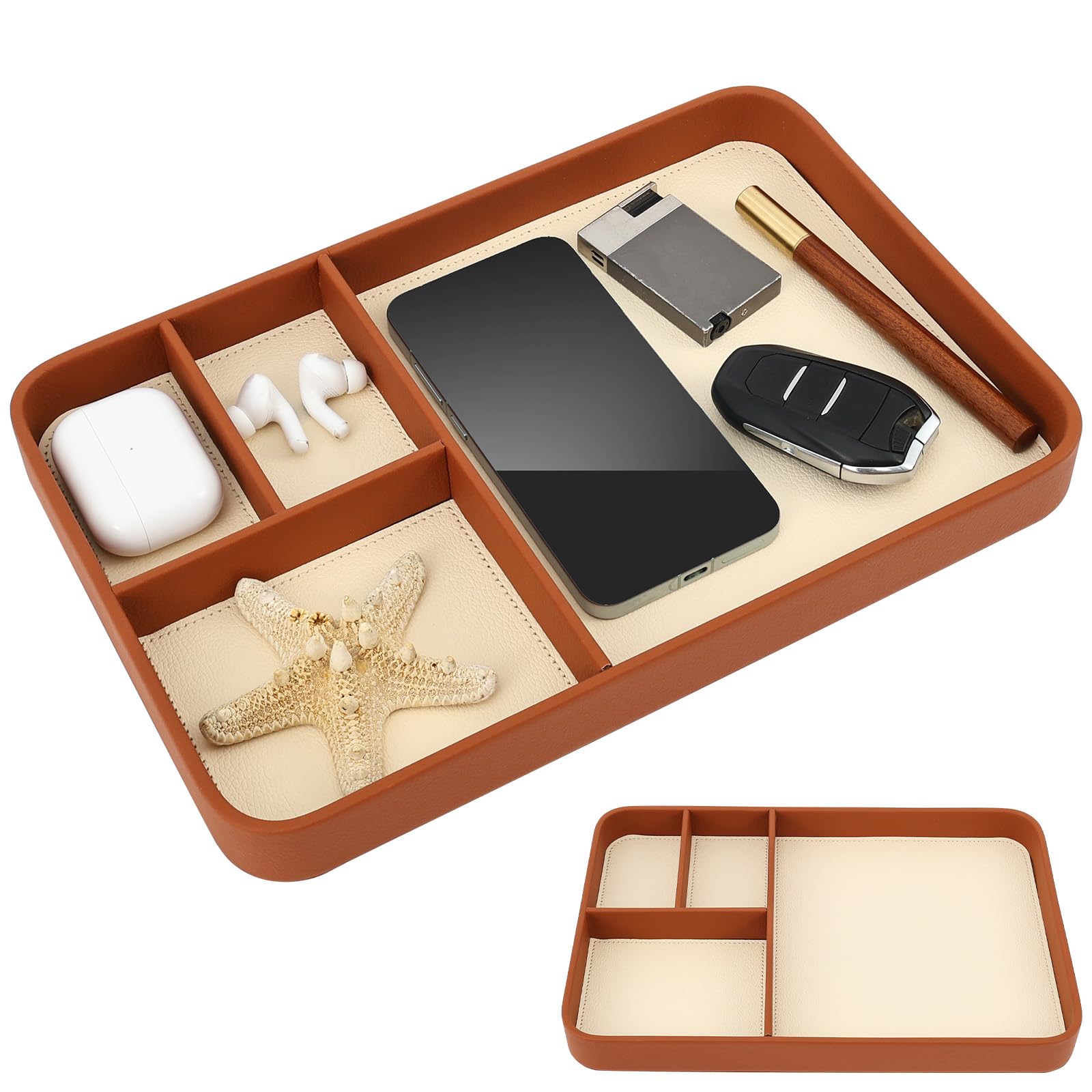 Kuanght Men's Brown Pu Leather Valet Tray 30X20x3cm, Nightstand Organizer Trays With 4 Compartts, Stylish Bedside Tray For Edc Catchall Trays For Key, Mobile Phone, Watch, Wallet And Jewel(Brown)