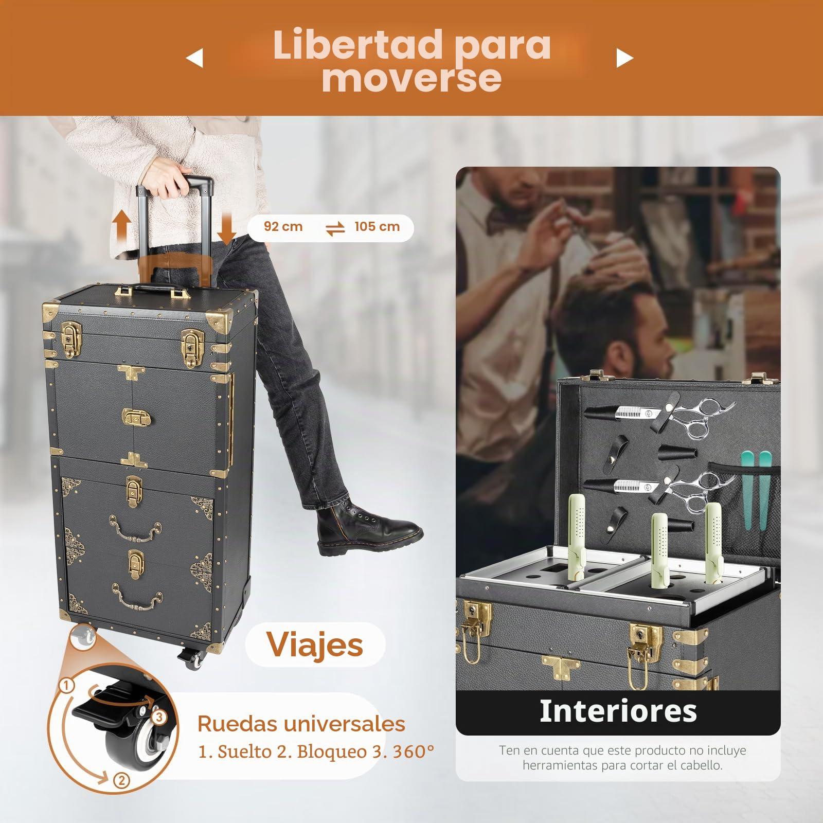 Maletín de maquillaje 3 en 1 con ruedas, ruedas giratorias 360°, para viajes, peluquería, color negro, Negro , Maletín de cosméticos