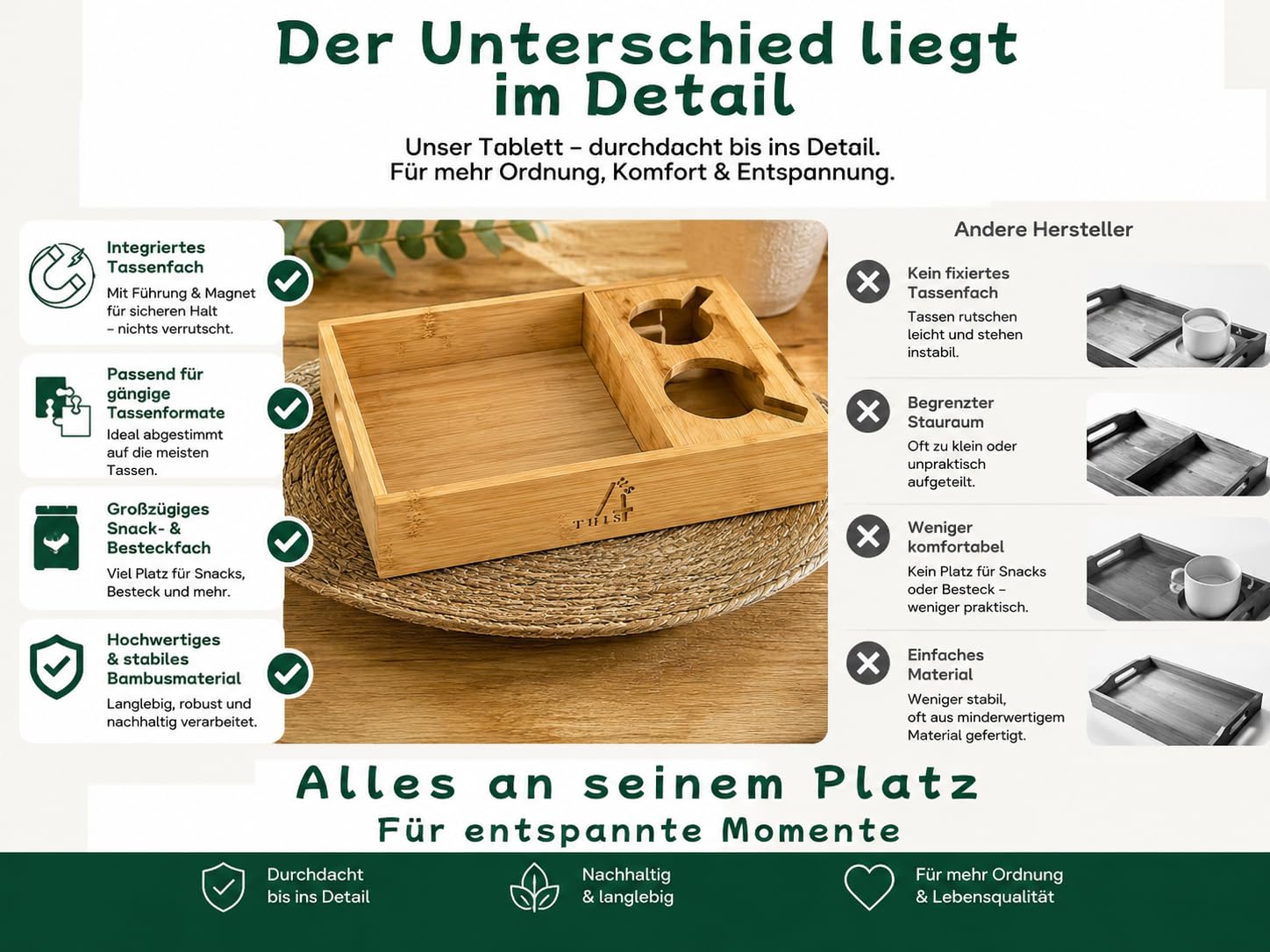 Couchbar Snackbox Serviertablett – Bambustablett - großes Fach für Snacks & Mahlzeiten – leicht & sicher – Geschenkidee.