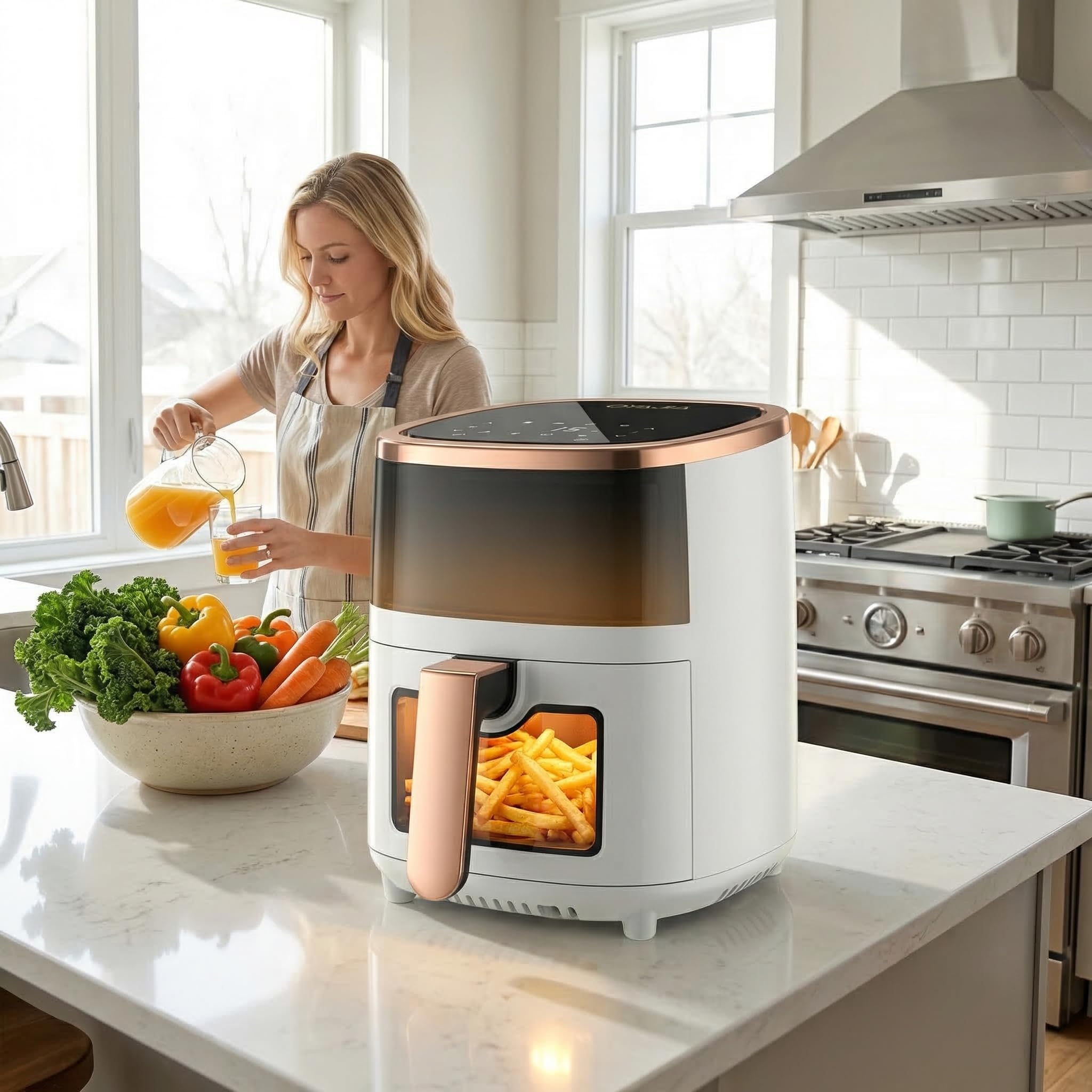 Freidora de aire caliente, 6 L, con 8 programas, tecnología de aire caliente, pantalla táctil, ventana de visualización, apta para lavavajillas, freidora sin aceite, digital, asar, hornear, asar