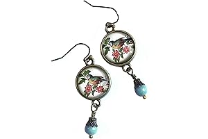 Avian Elegance: Blue Bird Victorian Glass Cabochon Earrings