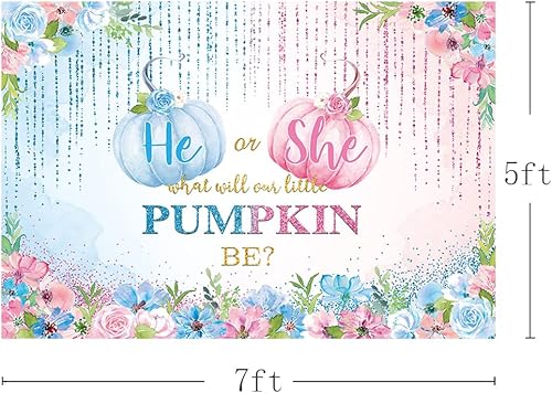 Miniatura 3 de MEHOFOND Fondo para revelación de género de calabaza de otoño de 7 x 5 pies, fondo floral azul o rosa, calabaza pequeña, revelación de género, para