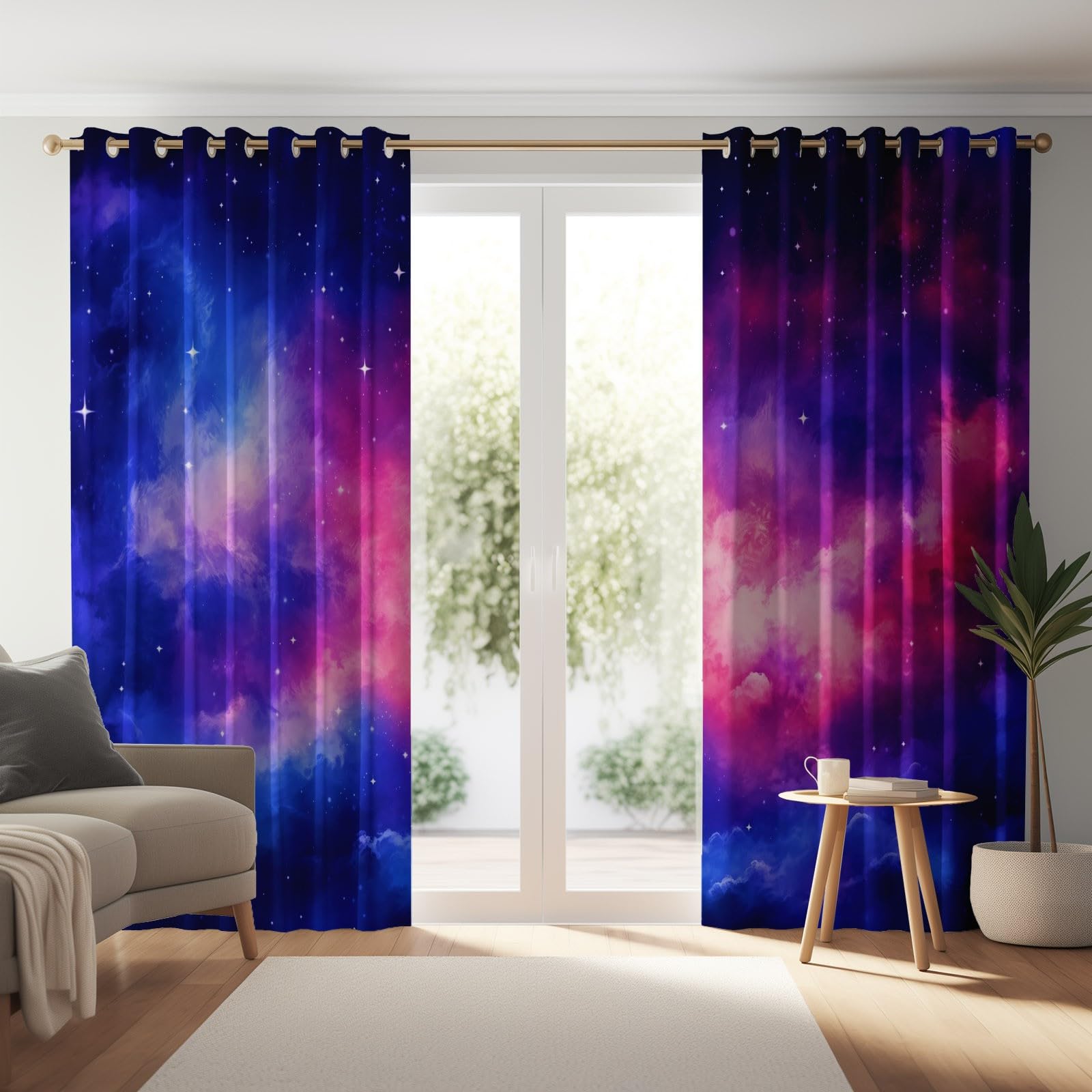 Rideau Occultant 150L X 280H cm (2 Panneaux) Rideaux Opaque Doux, Rideau Imprimé Fantaisie Univers Nuages Étoiles Thermiques Anti Chaleur pour Salon Chambre Fenetre Cuisine - Bleu Violet