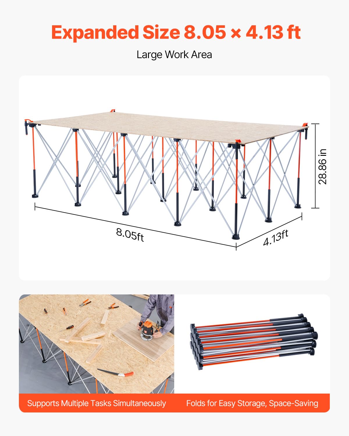VEVOR Banco de Trabajo Plegable Portátil, Banco de Trabajo 2455 x 1260 x 733 mm con Bolsa de Almacenamiento (Tablero no Incluido), Capacidad de Peso de 2724 kg para Garaje, Taller y Exterior