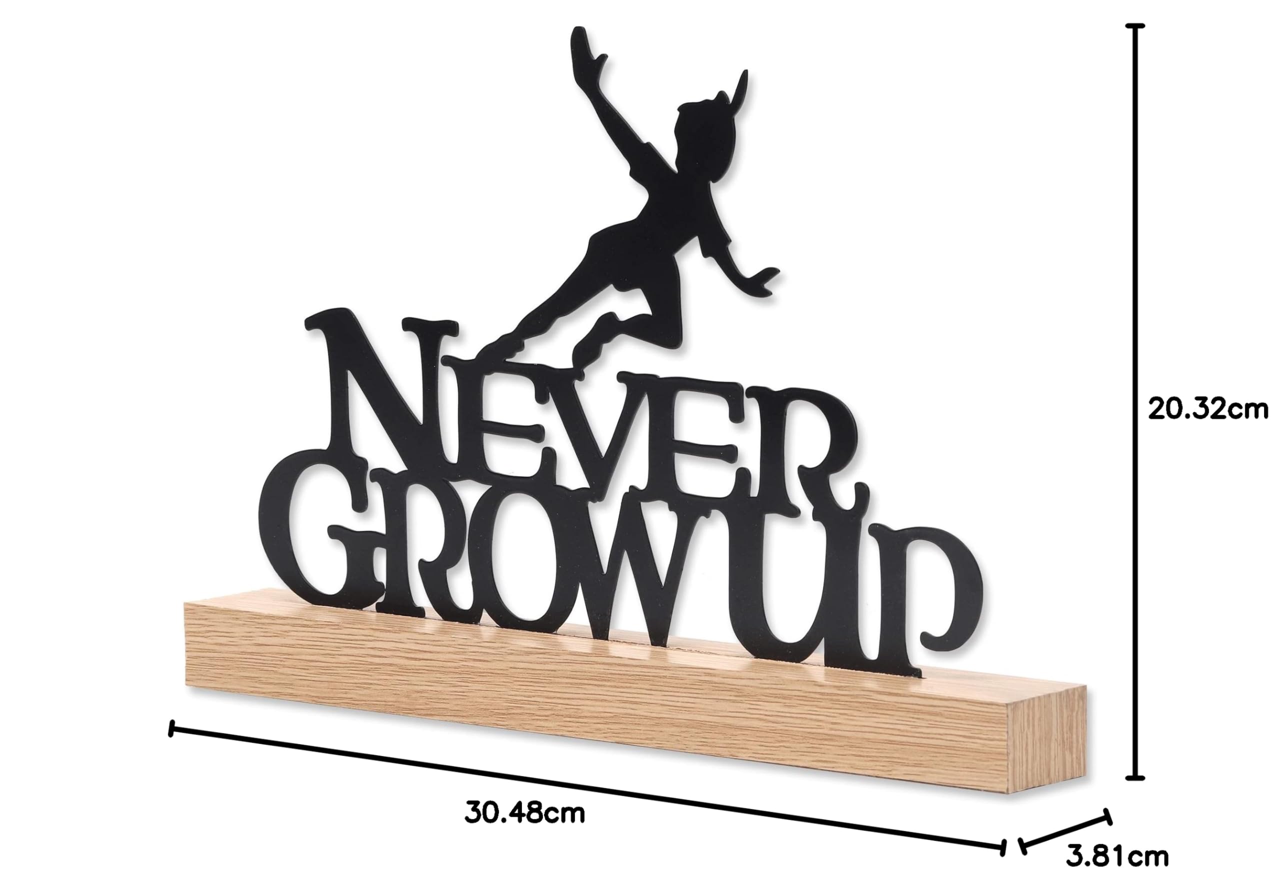 Open Road Brands Peter Pan Never Metal auf Holzbasis Dekoschild Schwarz Cartoon-Dekoration | Peter Pan Metall-Silhouette auf Naturholzsockel