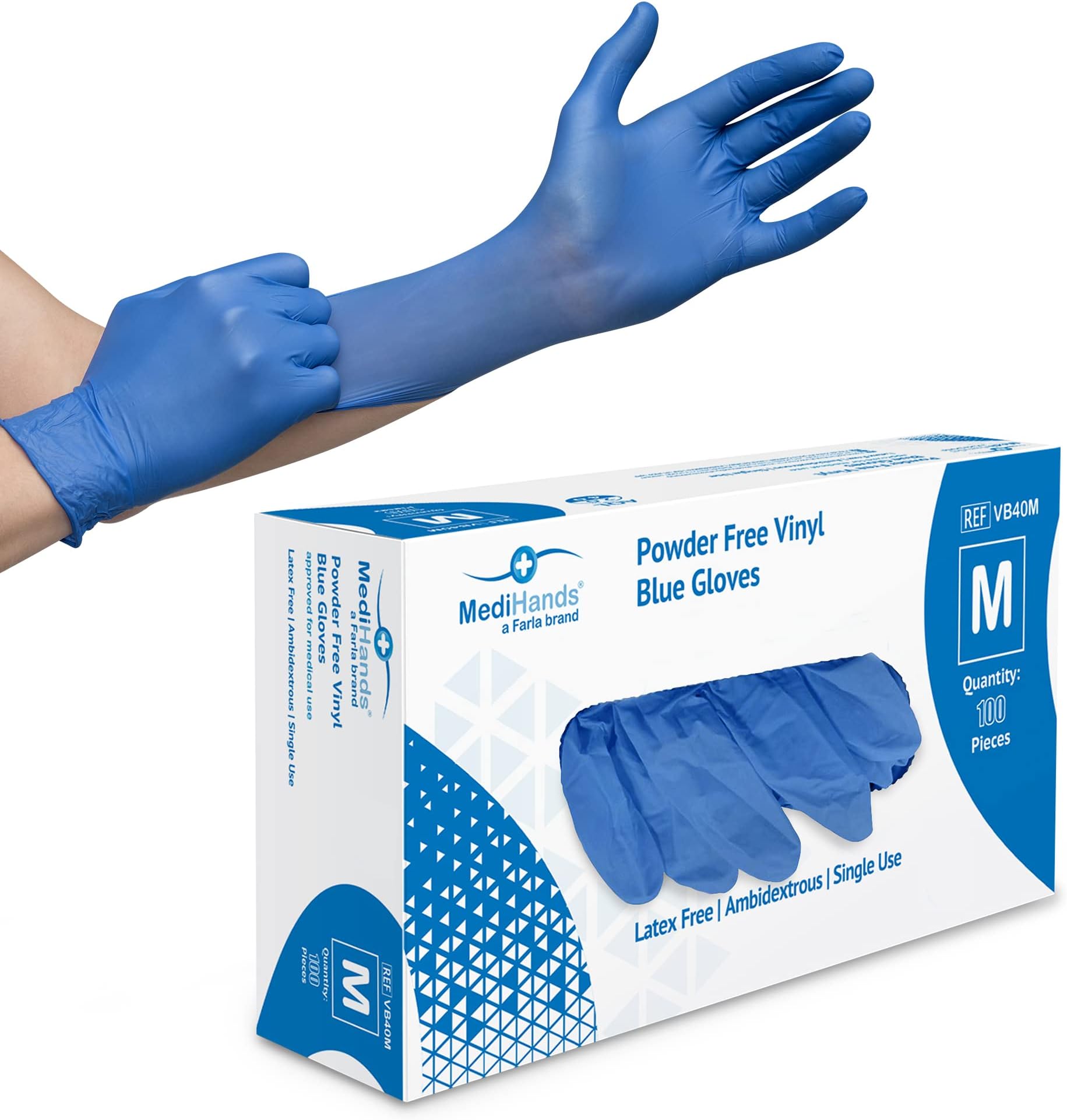 Farla MediHands Blue Medium Vinyl Gloves - Box of 100 Disposable Vinyl Medical Glove - Powder, Latex, & Protein Free Glove - Multi-Purpose, Single Use Surgical Gloves