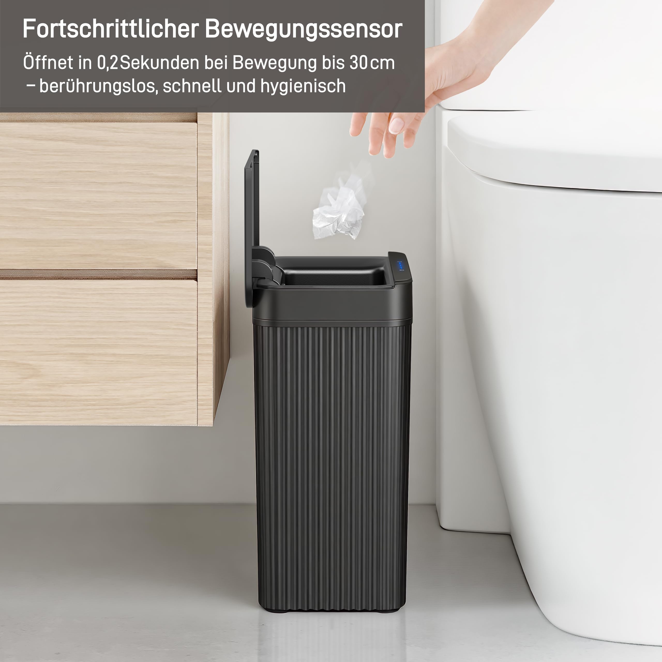 EKO Badezimmer Mülleimer mit Sensor, Schlanker Sensor Abfalleimer, Wasserdichter, Soft Close, Bewegungssensor-Kosmetikeimer für Bad, Büro und Küche, Carbon-Schwarz, 10L, Hochwertiger Kunststoff