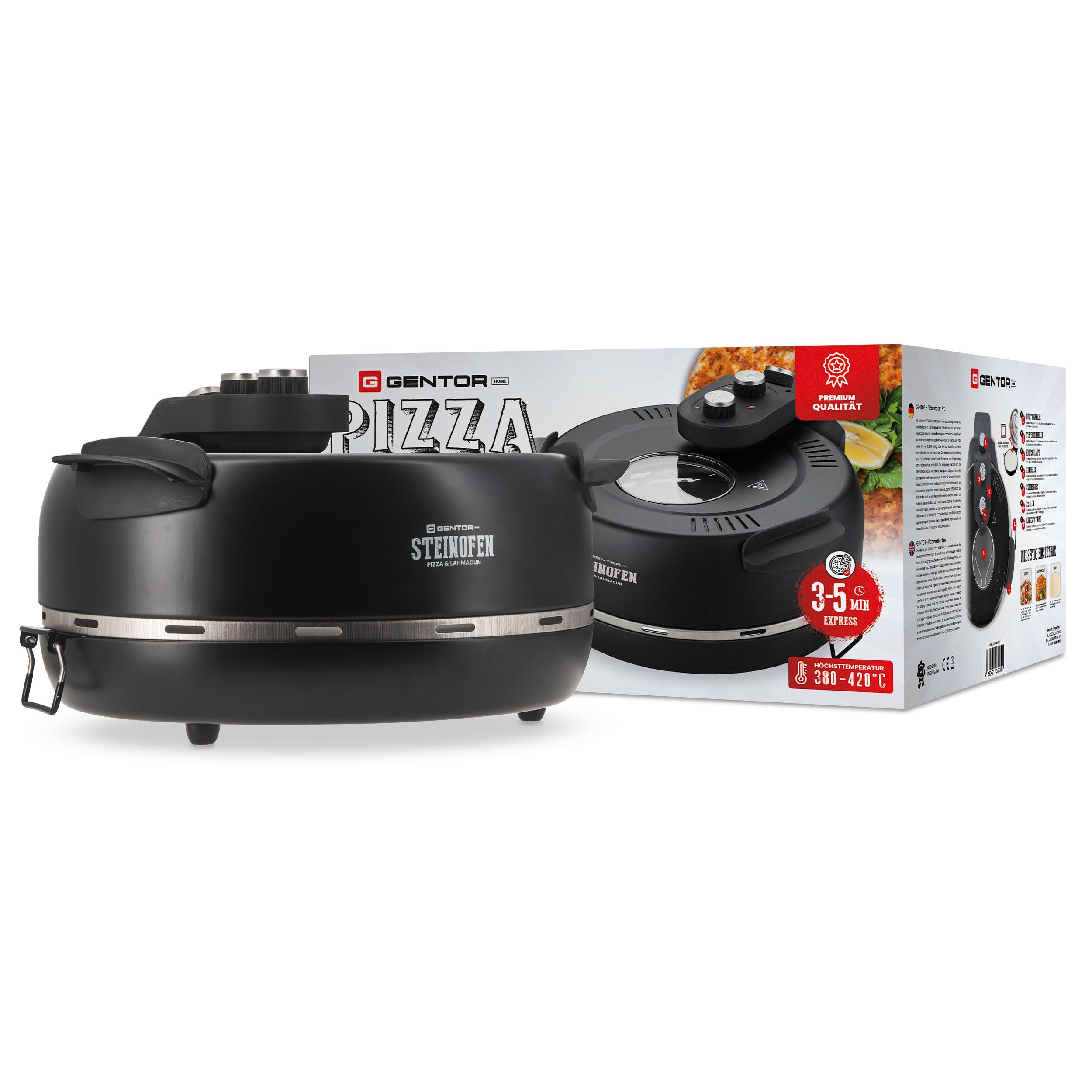Pizzaofen elektrisch mit Pizzastein & Sichtfenster – 1600 Watt, bis 400 °C – Pizza Maker Ofen für Zuhause & Outdoor – Mini Backofen mit Ober- und Unterhitze – Pizzamaker Elektro mit Zubehör