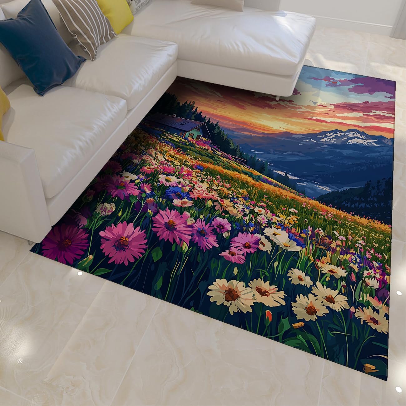Tapis de Champ Fleurs Marguerites Plantes Naturelles Tapis antidérapant Montagne Coucher de Soleil Paysage Peinture paysagère Art Tapis de Sol intérieur Tapis pour Salon Chambre 160x200cm