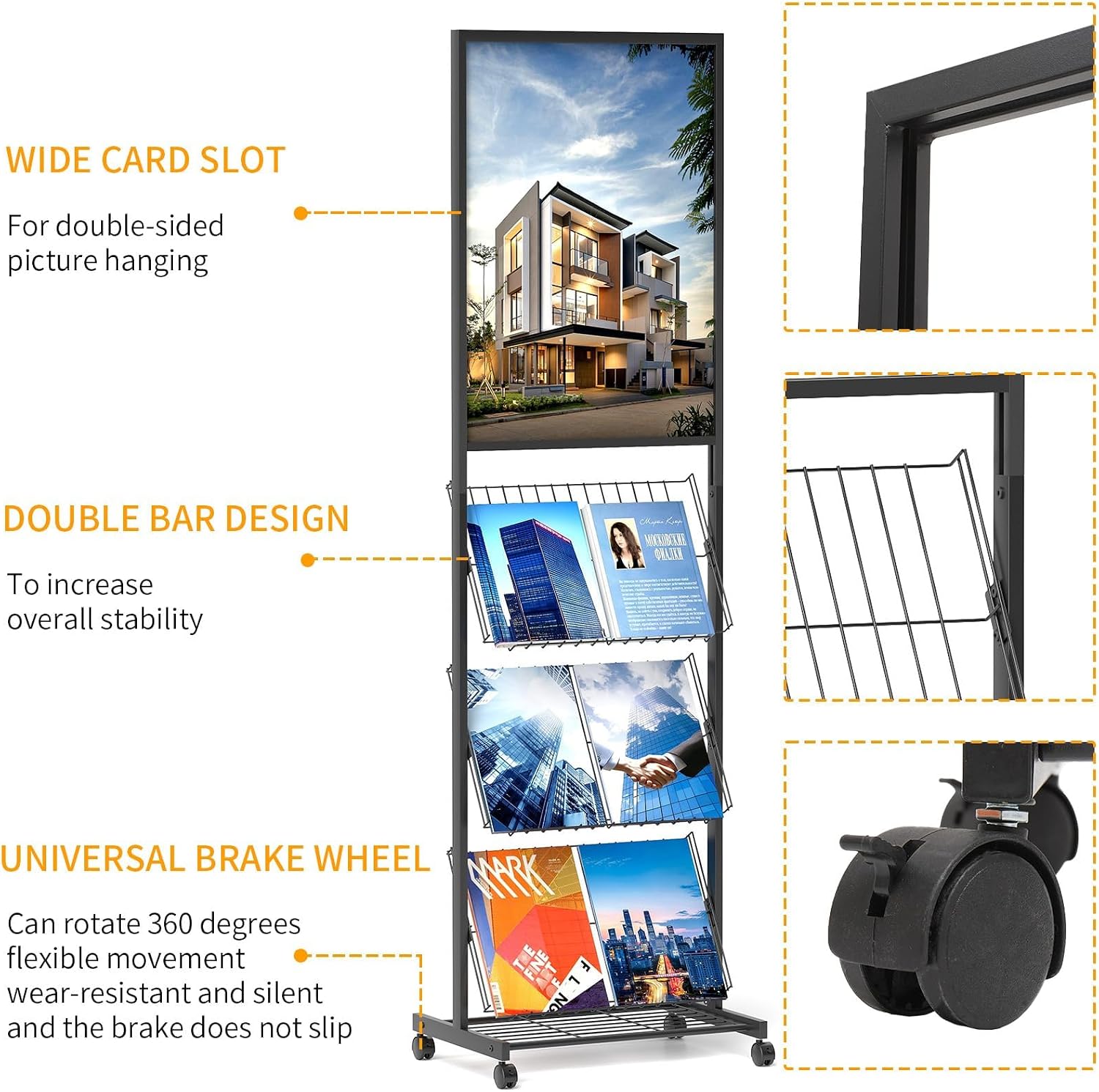 lesolar Floor-Standing Magazine Rack with Poster Board Stand, 4-tier Metal Magazine Rack with Wheels, Newspaper Holder, Book Brochure Display Stand, Poster Sign Holder for Exhibitions Store Business