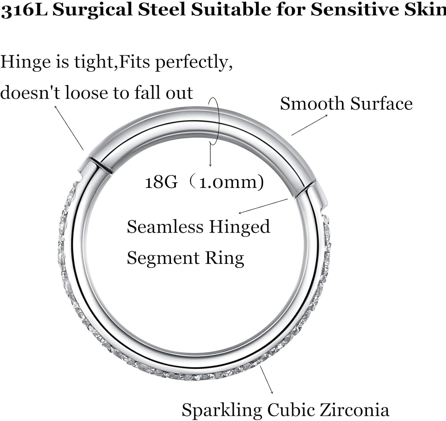 CZ Hinged Segment Nose Rings Hoop 316L Surgical Steel Cubic Zirconia Conch Daith Helix Tragus Body Piercing Jewelry Lip Rings Cartilage Earrings 20G 18G 16G Stainless Steel Septum Clicker Ring - Image 2