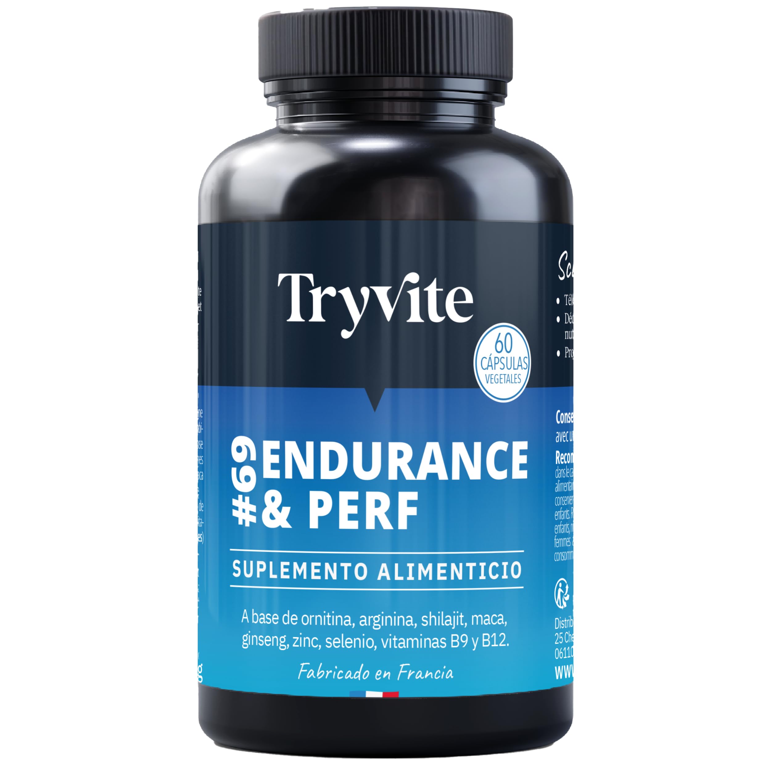TESTOSTERONA HOMBRE | 60 Cápsulas Para Circulación Sanguínea | Booster de Fuerza Resistencia Energía | Ginseng, Maca, shilajit, Arginina, Citrulina, Zinc | TRYVITE ENDURANCE&PERF