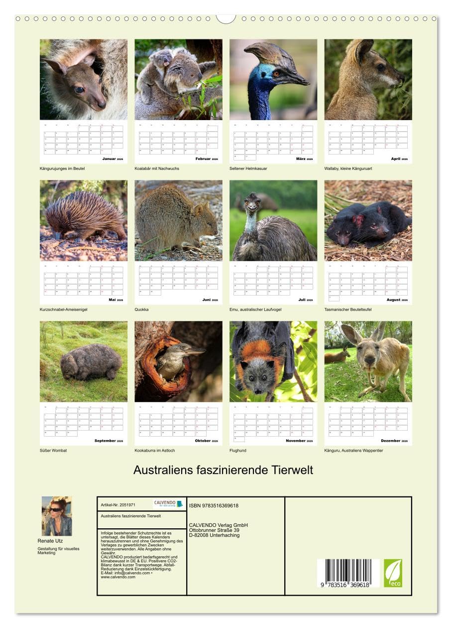 Australiens faszinierende Tierwelt (Wandkalender 2026 DIN A2 hoch), CALVENDO Monatskalender: Beeindruckende, exotische Tiere des roten Kontinents hautnah abgelichtet (CALVENDO Tiere)