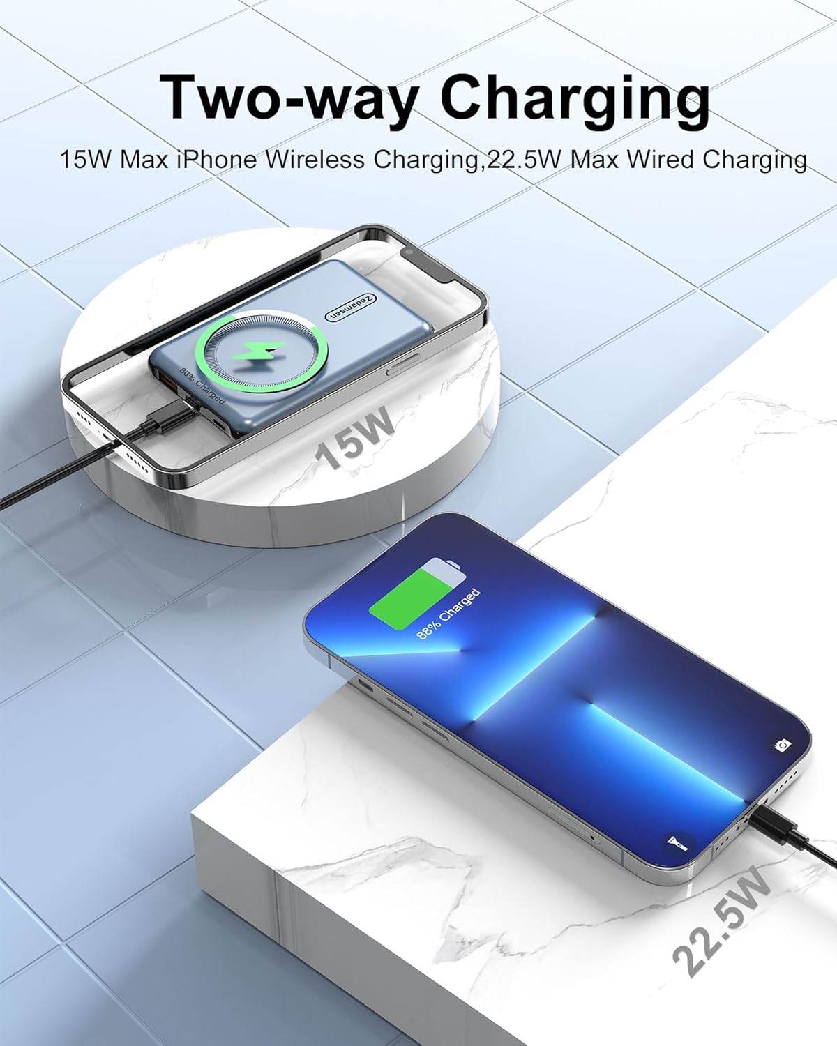 Zedamsan Portable Charger demonstrating two-way charging with wired and wireless connections