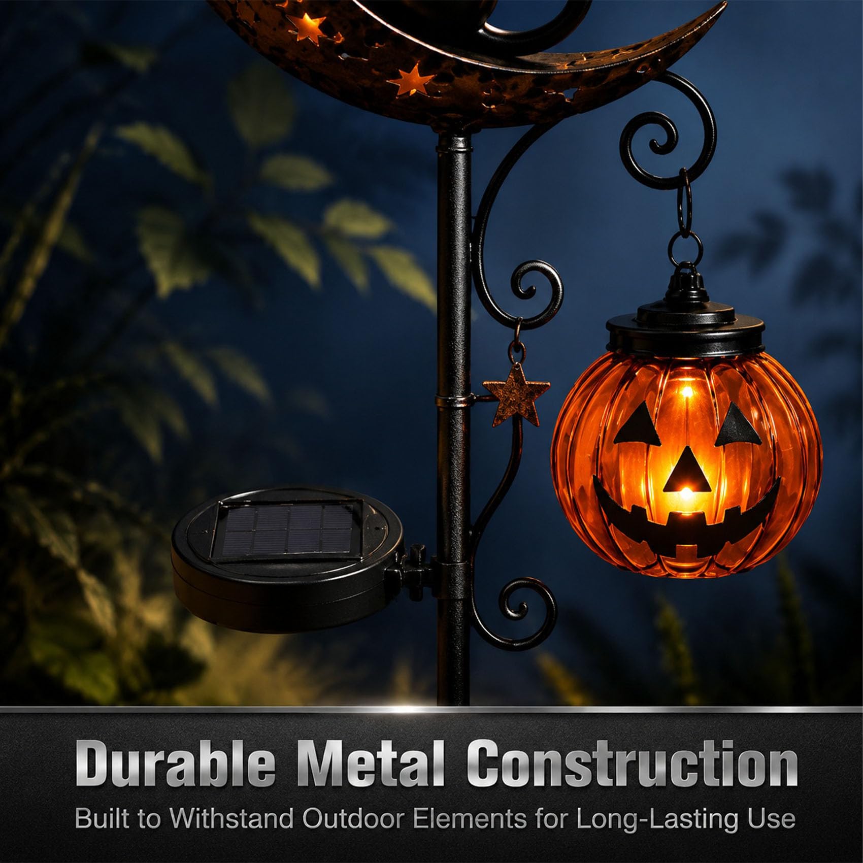 Solar Halloween Black Cat & Pumpkin Moon Garden Stake Light, Iron Waterproof Yard Decor for Walkway, Lawn, Patio and Porch (#C)
